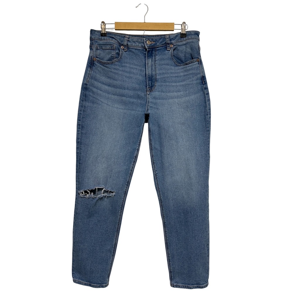 American Eagle Cotton Blend Medium Wash High Rise Ripped Distressed Mom Jeans 12